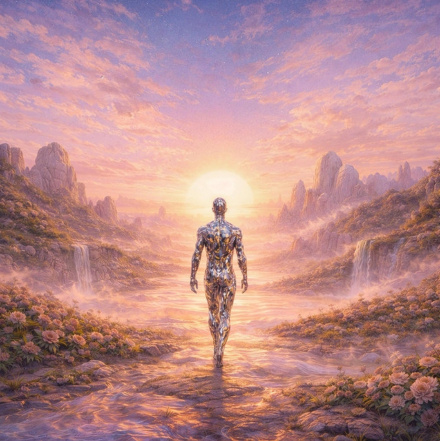 Van Montana Liquid Metal sculpture floating under a Pastel Sunset